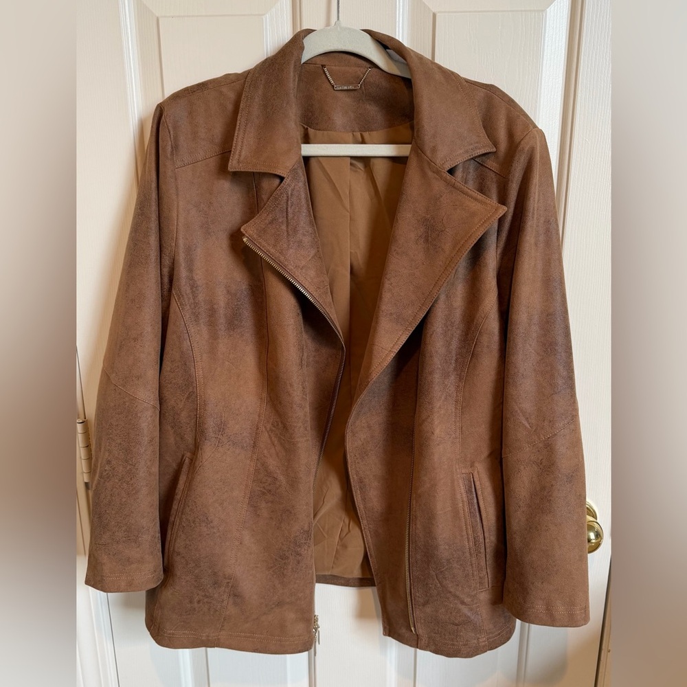 Like new! Chicos faux suede moto jacket. Size 3, (16) distressed brown. Lined. - Picture 2 of 8